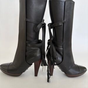 CHANEL Black Leather Heeled Boots